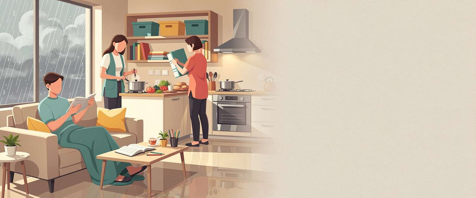 Ilustrasi aktivitas indoor saat rencana luar batal untuk HujanSlot dengan tema slot aktivitas saat hujan untuk jurnal cuaca, membaca, memasak, dan merapikan rumah.