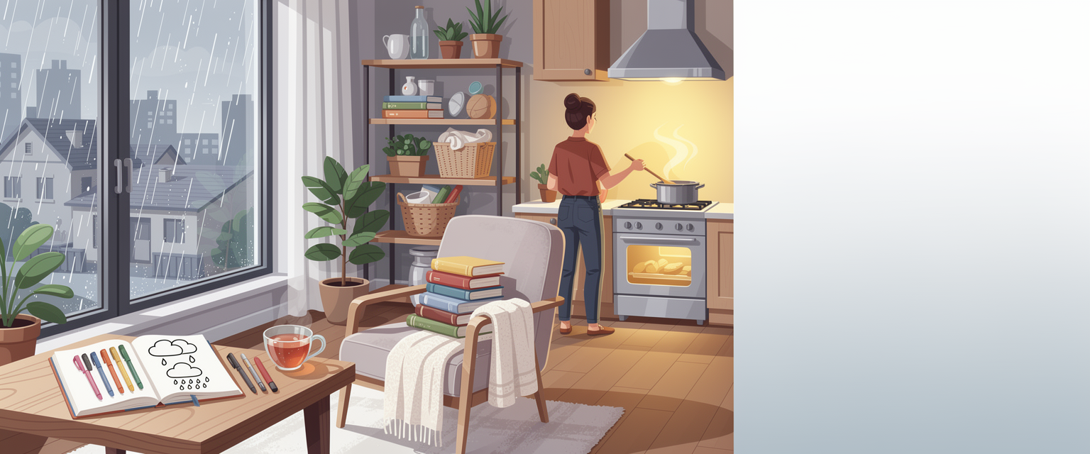 Ilustrasi jurnal hujan harian dari jendela rumah untuk HujanSlot dengan tema slot aktivitas saat hujan untuk jurnal cuaca, membaca, memasak, dan merapikan rumah.